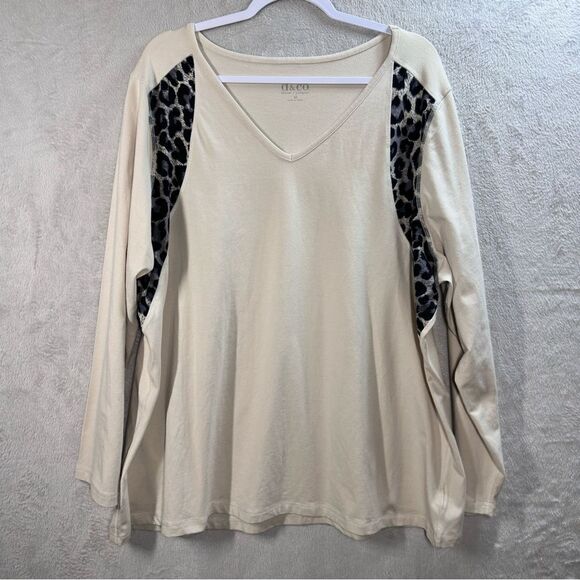 Denim & Co. Long Sleeve V-Neck Beige Top Leopard Print Accent Women’s Plus 3X - Picture 1 of 7